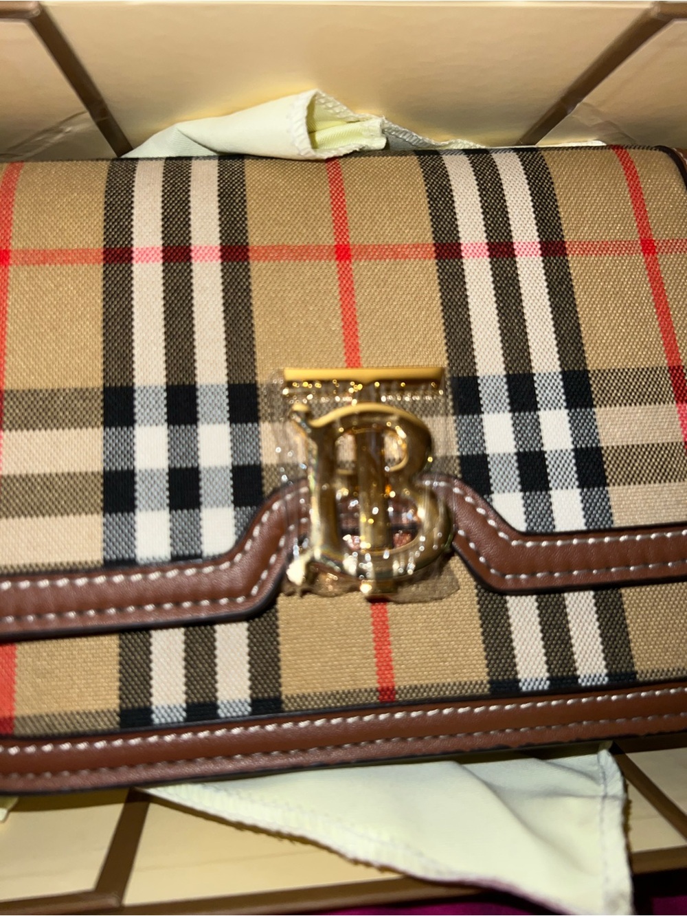 Tan Vintage Check Logo Leather Trim Shoulder Bag